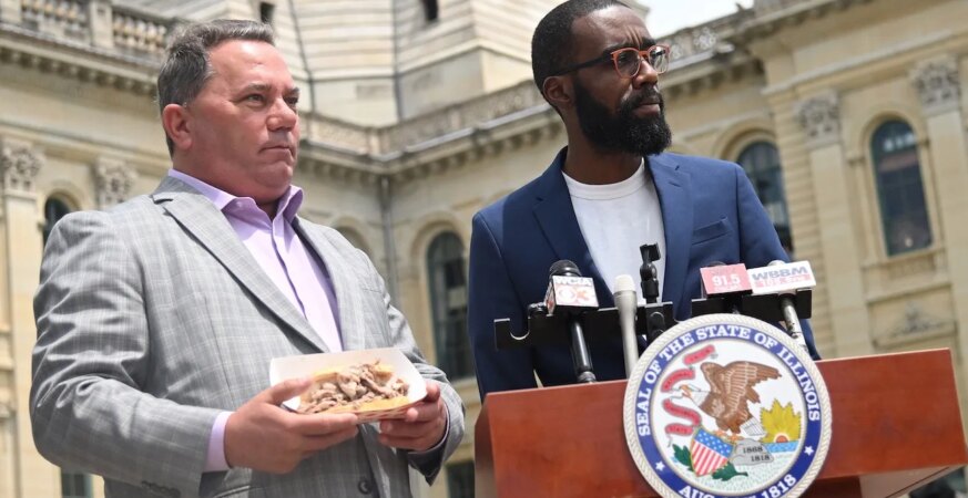 Illinois State Rep. Rick Ryan and “The Bear” actor Corey Hendrix attend a press conference highlighting Illinois state sandwich bill on May 20, 2026 in Springfield, Illinois.