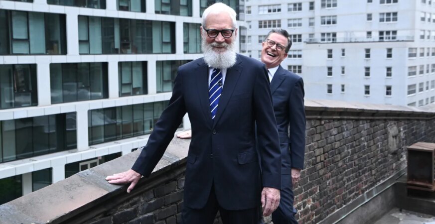 Colbert and Letterman Launch Pieces of ‘Late Show’ Set Off Ed Sullivan Theater Onto CBS Logo Ahead of Show’s Final Week
