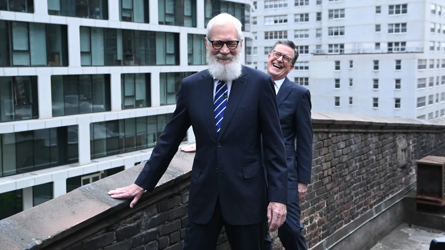 Colbert and Letterman Launch Pieces of ‘Late Show’ Set Off Ed Sullivan Theater Onto CBS Logo Ahead of Show’s Final Week