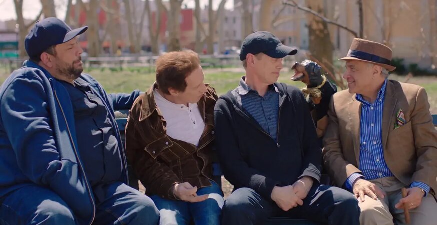 Triumph the Insult Comic Dog yapped at his host (center) to kick off the second season of Park Bench With Steve Buscemi, with (from left) Geo Orlando, Steve’s brother Michael Buscemi and Anthony Laciura.