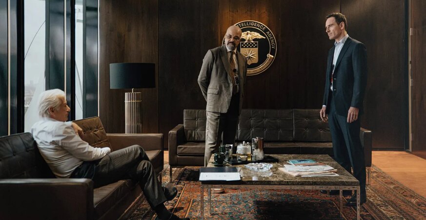 L-R Richard Gere as Bosko, Jeffrey Wright as Henry and Michael Fassbender as Martian in The Agency, episode 6, season 2