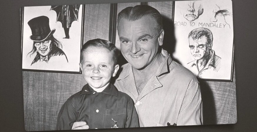 Dennis Rush (left) with James Cagney at an on-set party in 1957 for ‘Man of a Thousand Faces.’