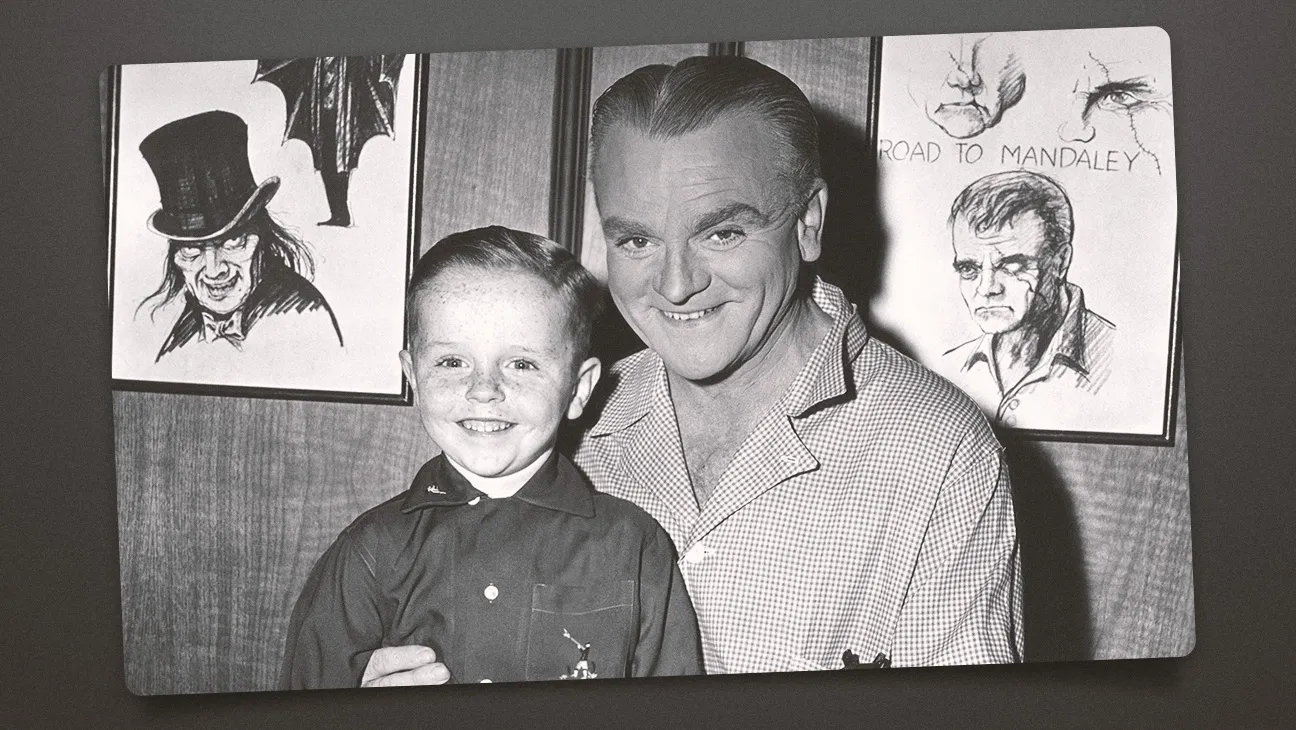 Dennis Rush (left) with James Cagney at an on-set party in 1957 for ‘Man of a Thousand Faces.’