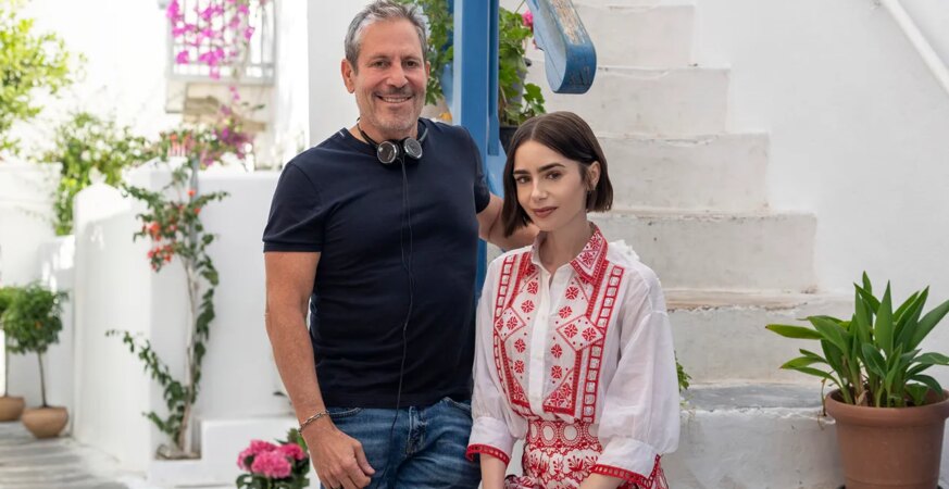 (L to R) Executive Producer/Creator Darren Star, Lily Collins as Emily on the set of Emily in Paris Season 6.