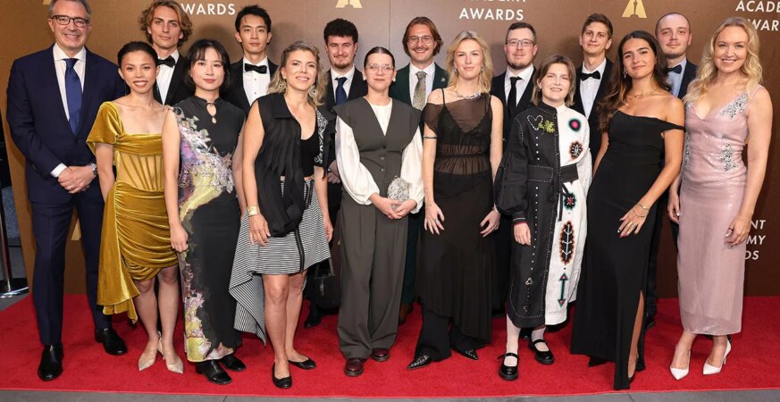 (L-R) Bill Kramer, Jane Deng, Lucas Ansel, Xindi Zhang, Zefan, Tatiana McCabe, Meyer Levinson-Blount, Rebeka Bizubová, Mati Granica, Vega Moltke-Leth, Tobias Eckerlin, Sofia Chuikovska, Jan Saczek, Maud Le Bras, Loïck du Plessis D'Argentré, and Lynette Howell Taylor attend the 52nd Student Academy Awards at The Ziegfeld Ballroom on October 06, 2025 in New York City.