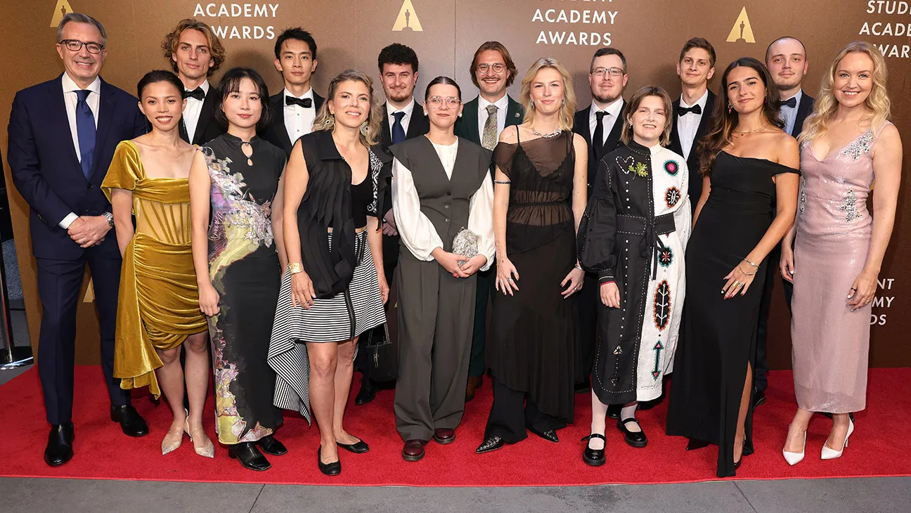 (L-R) Bill Kramer, Jane Deng, Lucas Ansel, Xindi Zhang, Zefan, Tatiana McCabe, Meyer Levinson-Blount, Rebeka Bizubová, Mati Granica, Vega Moltke-Leth, Tobias Eckerlin, Sofia Chuikovska, Jan Saczek, Maud Le Bras, Loïck du Plessis D'Argentré, and Lynette Howell Taylor attend the 52nd Student Academy Awards at The Ziegfeld Ballroom on October 06, 2025 in New York City.