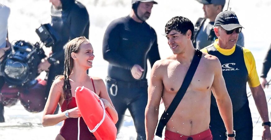 Jessica Belkin and Noah Beck are seen on the set of Baywatch on March 17, 2026 in Venice, California.