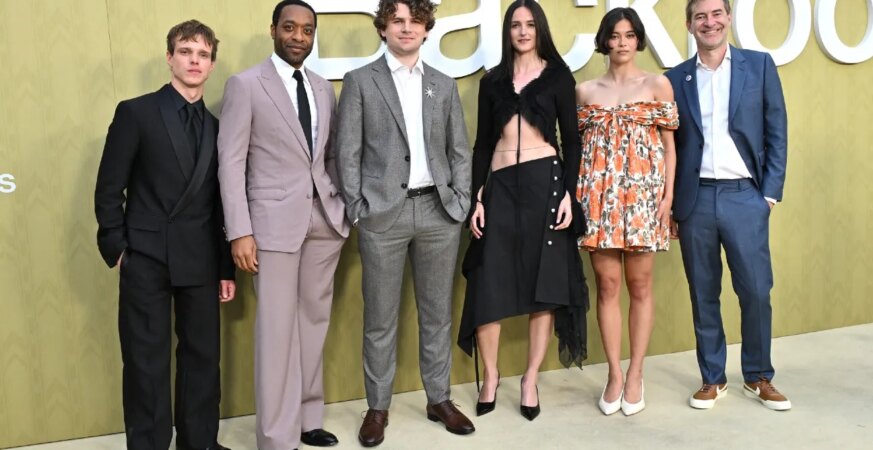 Finn Bennett, Chiwetel Ejiofor, Kane Parsons, Renate Reinsve, Lukita Maxwell and Mark Duplass attend an event for 'Backrooms'
