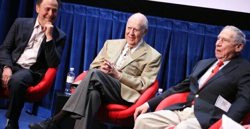 BEVERLY HILLS, CA - JULY 16: (L-R) Actors Billy Crystal, Carl Reiner, and Mel Brooks speak onstage during a 'Salute To Sid Caesar' at The Paley Center for Media on July 16, 2014 in Beverly Hills, California. (Photo by Imeh Akpanudosen/Getty Images)