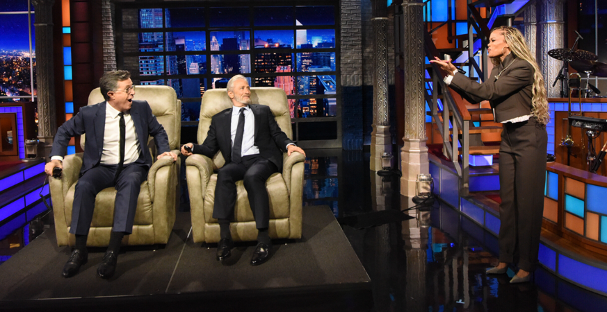 Stephen Colbert, Jon Stewart and Andra Day on 'The Late Show.'