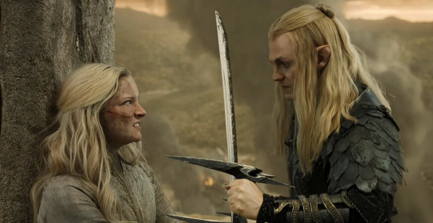 Morfydd Clark as Galadriel; Charlie Vickers as Sauron in Lord of the Rings: The Rings of Power