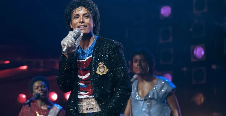 MICHAEL, from left: Rhyan Hill as Tito Jackson, Jaafar Jackson as Michael Jackson, Tre' Horton as Marlon Jackson, 2026. ph: Glen Wilson / © Lionsgate / Courtesy Everett Collection