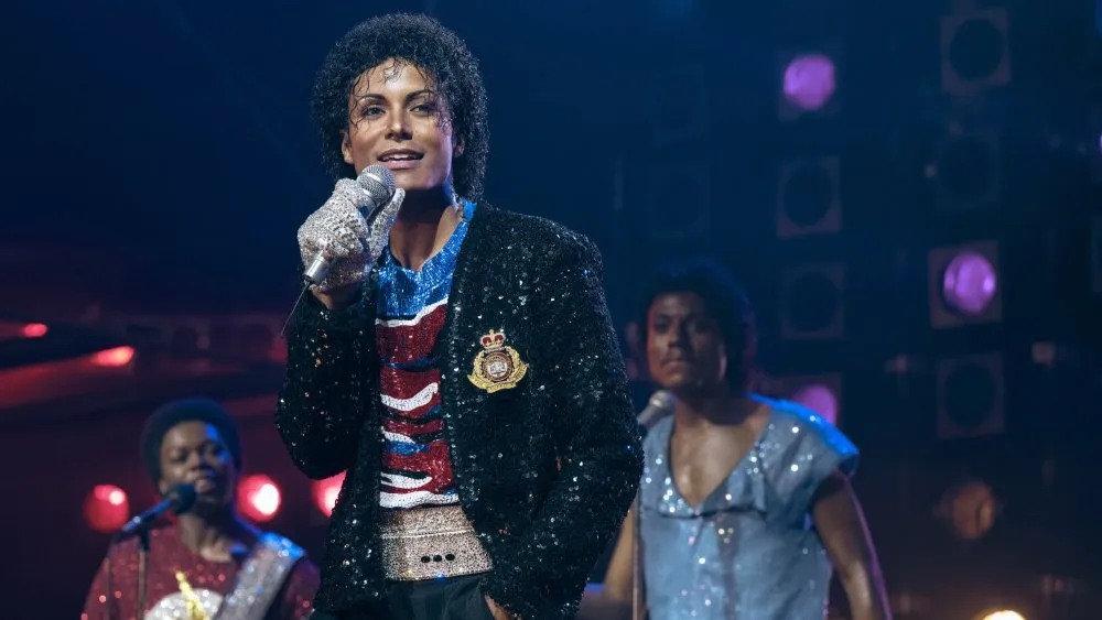 MICHAEL, from left: Rhyan Hill as Tito Jackson, Jaafar Jackson as Michael Jackson, Tre' Horton as Marlon Jackson, 2026. ph: Glen Wilson / © Lionsgate / Courtesy Everett Collection