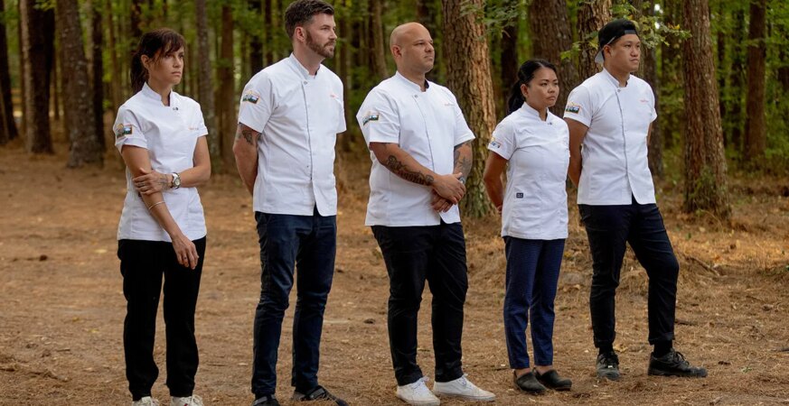 Top Chef Appalachian Celebration Episode 2312 Pictured: (l-r) Sherry Cardoso, Sieger Bayer, Jonathan Dearden, Rhoda Magbitang, Laurence Louie