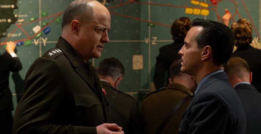 (L to R) Brendan Fraser as General Dwight D. Eisenhower and Andrew Scott as Captain James Stagg in director Anthony Maras' Pressure.