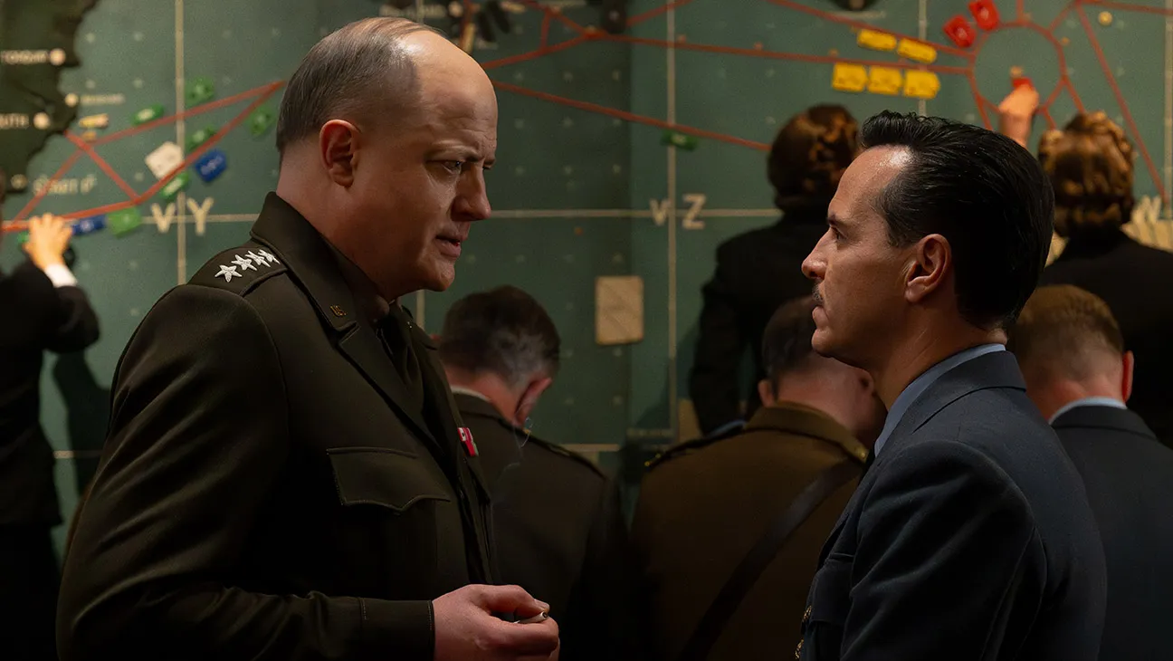 (L to R) Brendan Fraser as General Dwight D. Eisenhower and Andrew Scott as Captain James Stagg in director Anthony Maras' Pressure.