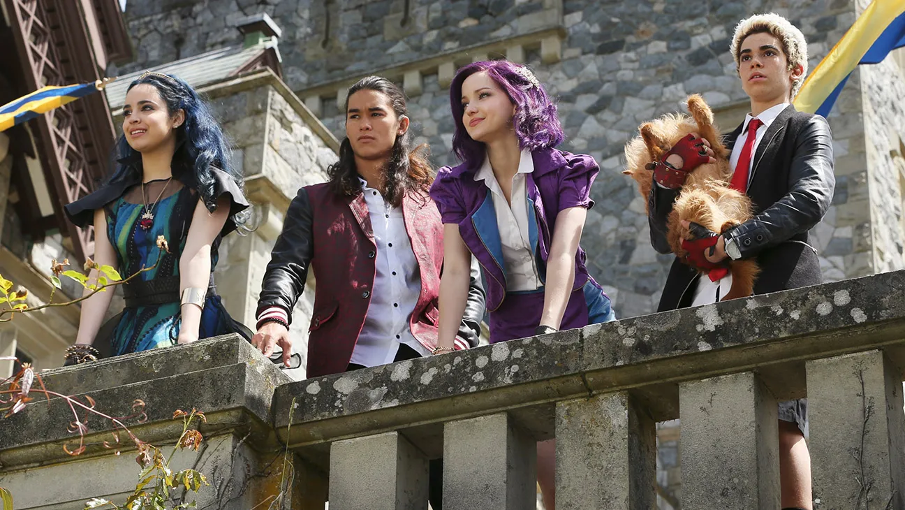 Descendants, l-r: Sofia Carson, BooBoo Stewart, Dove Cameron, Cameron Boyce, 2015.