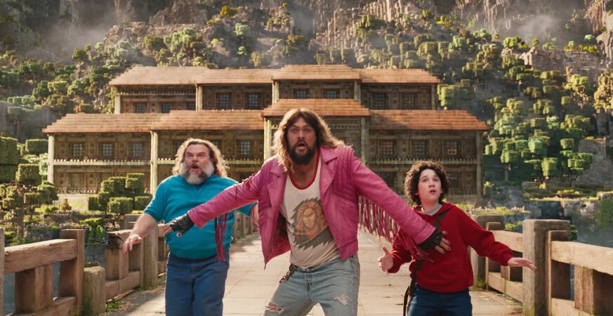 (L-r) JACK BLACK as Steve, JASON MOMOA as Garrett and SEBASTIAN HANSEN as Henry in Warner Bros. Pictures’ and Legendary Pictures’ A Minecraft Movie, a Warner Bros. Pictures release.