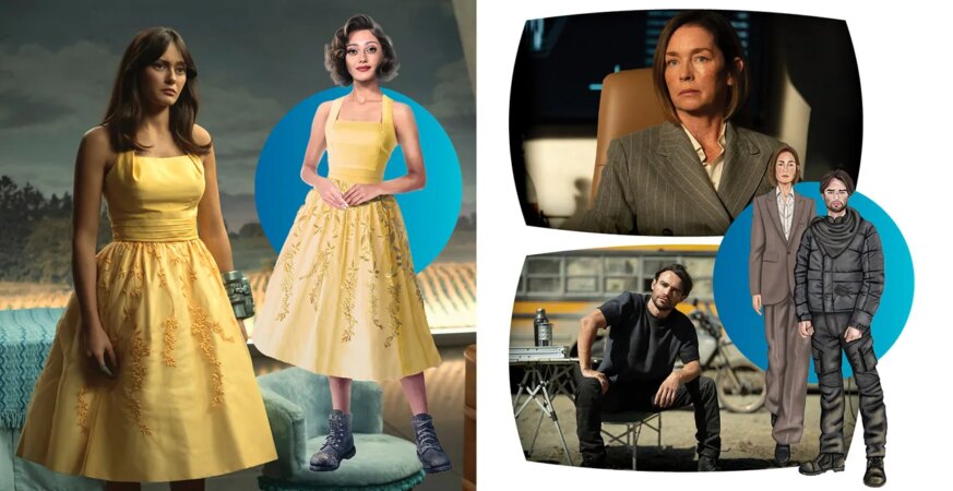 Left: Fallout’s Lucy MacLean (Ella Purnell) rejects her father’s governance by adding combat boots to a dainty yellow dress he picks out for her. Right: Julianne Nicholson and Thomas Doherty’s characters’ wardrobes in Paradise exemplify the class divide between the bunkered wealthy and scavenging renegades.