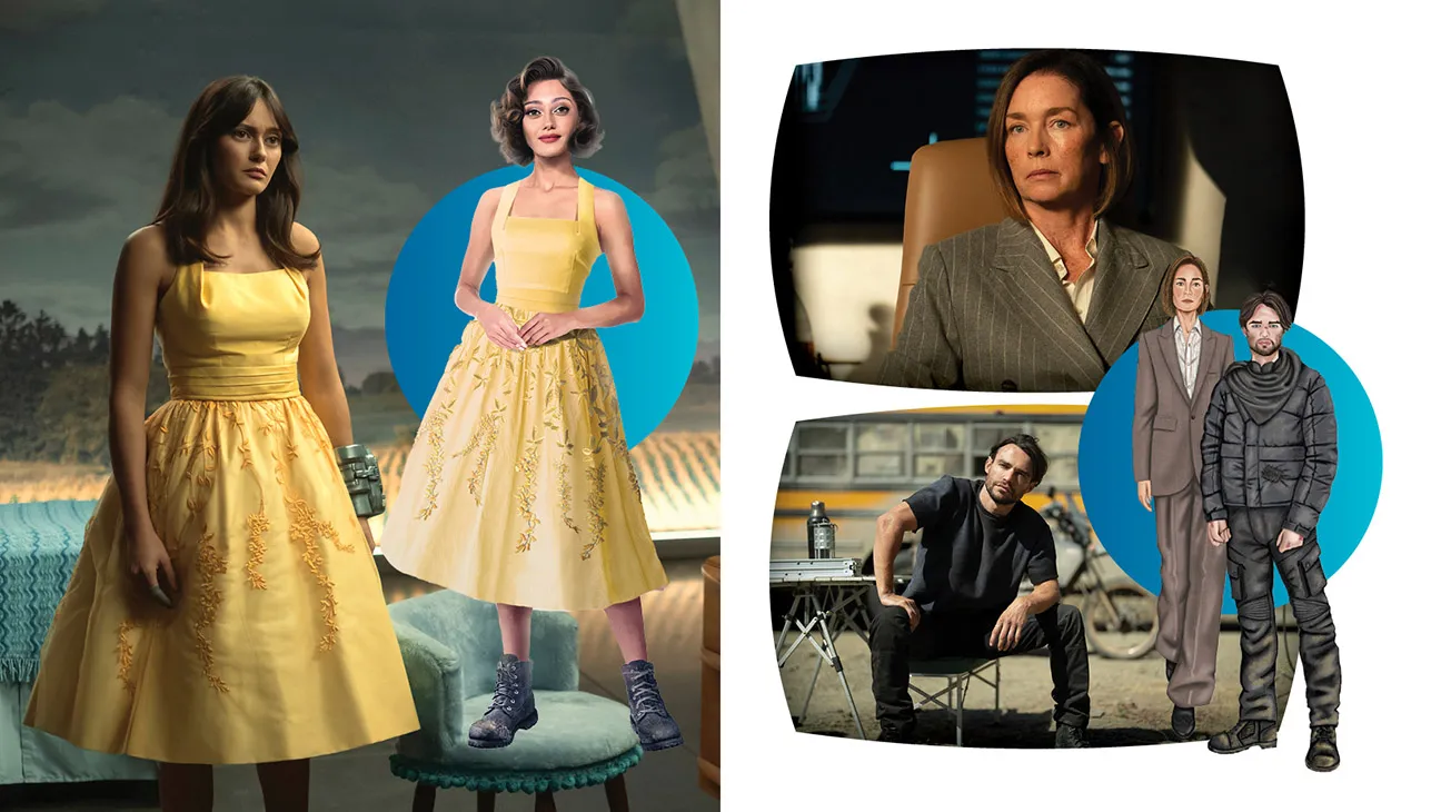 Left: Fallout’s Lucy MacLean (Ella Purnell) rejects her father’s governance by adding combat boots to a dainty yellow dress he picks out for her. Right: Julianne Nicholson and Thomas Doherty’s characters’ wardrobes in Paradise exemplify the class divide between the bunkered wealthy and scavenging renegades.