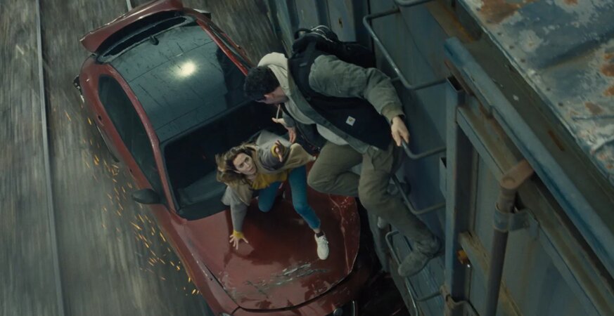 L to R: Emily Blunt and Josh O'Connor in Disclosure Day, directed by Steven Spielberg.