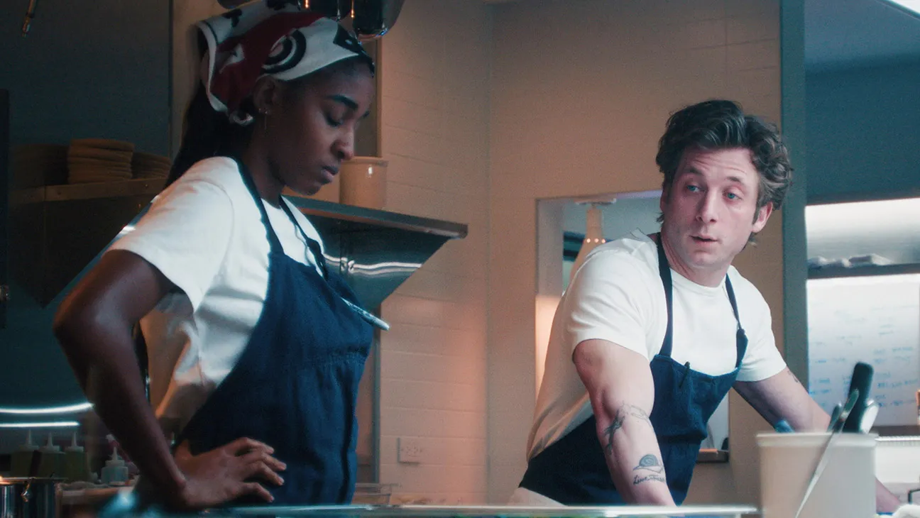 FX's The Bear Season 5, Episode 3 Pictured: (l-r) Ayo Edebiri as Sydney Adamu, Jeremy Allen White as Carmen "Carmy" Berzatto.