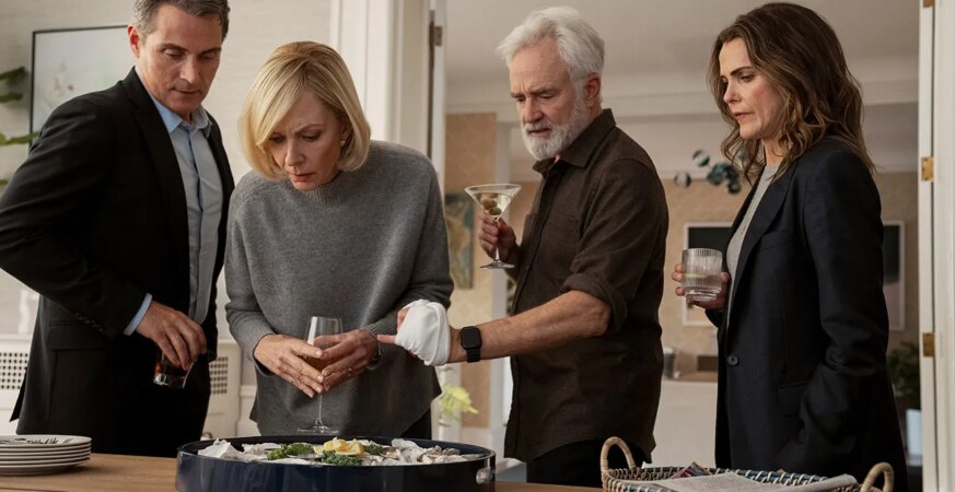 This was a dynamic that we wanted to continue, Cahn says of the four actors filming the oyster incident (from left), Rufus Sewell, Allison Janney, Bradley Whitford and Keri Russell. The ideas that had been in the back of my mind about what it could turn into for season four were really blossoming.