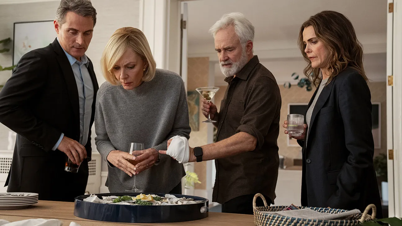 This was a dynamic that we wanted to continue, Cahn says of the four actors filming the oyster incident (from left), Rufus Sewell, Allison Janney, Bradley Whitford and Keri Russell. The ideas that had been in the back of my mind about what it could turn into for season four were really blossoming.