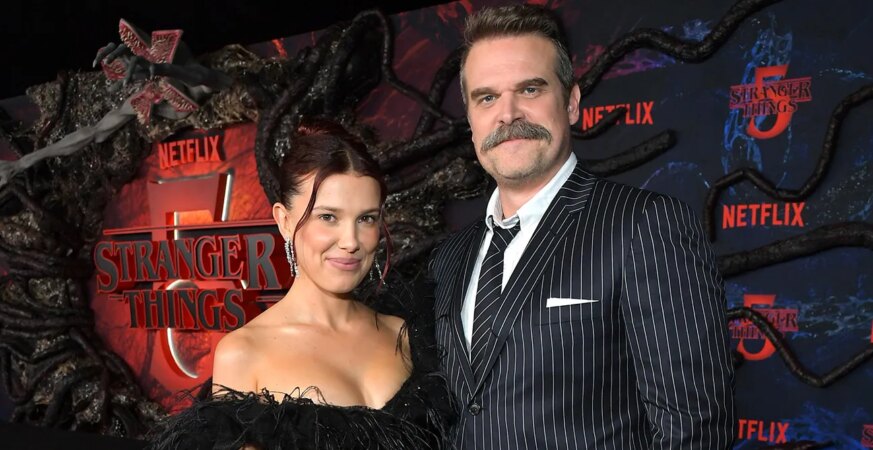 (L-R) Millie Bobby Brown and David Harbour attend Netflix's Stranger Things Season 5 World Premiere at TCL Chinese 6 Theatres on November 06, 2025 in Hollywood, California.