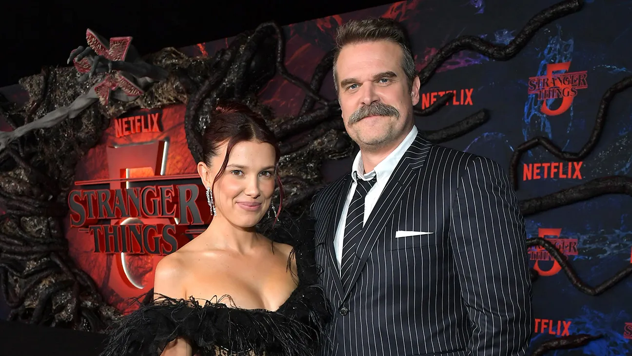 (L-R) Millie Bobby Brown and David Harbour attend Netflix's Stranger Things Season 5 World Premiere at TCL Chinese 6 Theatres on November 06, 2025 in Hollywood, California.