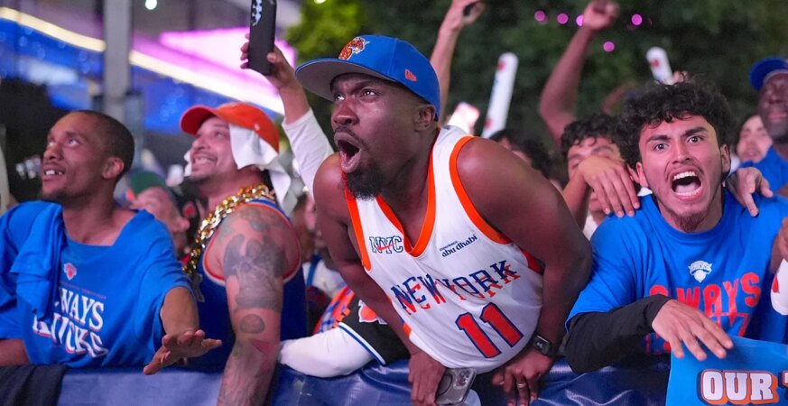 The New York Knicks fans attend a watch party for Game 1 of the Eastern Conference Finals against the Cleveland Cavaliers on May 19, 2026, New York, U.S.