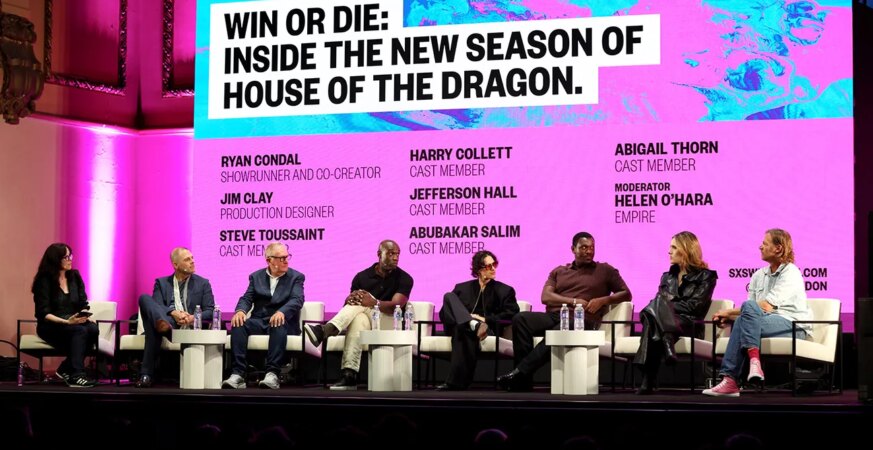 (L-R) Helen O'Hara, Ryan Condal, Jim Clay, Steve Toussaint, Harry Collett, Abubakar Salim, Abigail Thorn and Jefferson Hall speak onstage during the 'Win or Die: Inside the New Season of House of the Dragon' panel discussion during day five of SXSW London 2026 at Shoreditch Town Hall on June 05, 2026 in London, England.