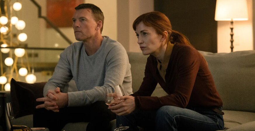 (L to R) Sam Worthington as David Burroughs and Britt Lower as Rachel Mills in Episode #102 of I Will Find You.