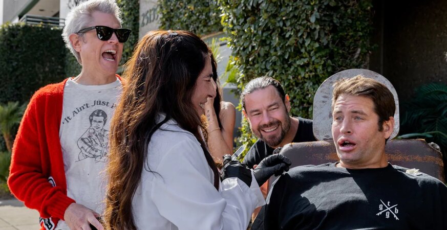 Johnny Knoxville, Chris Pontius, Dr. Julie Mizener, and Sean Poopies McInerney in jackass: best and last from Paramount Pictures.