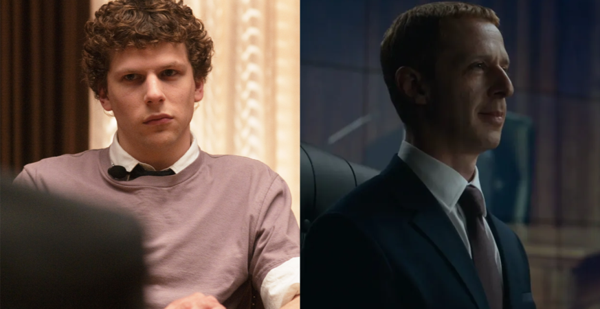 Jesse Eisenberg in 'The Social Network' and Jeremy Strong in 'The Social Reckoning.'