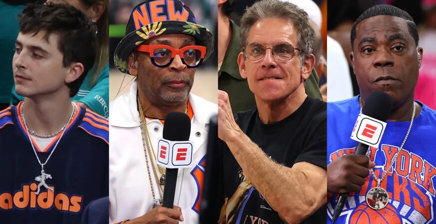 Timothee Chalamet, Spike Lee, Ben Stiller, and Tracy Morgan at Knicks Game 1