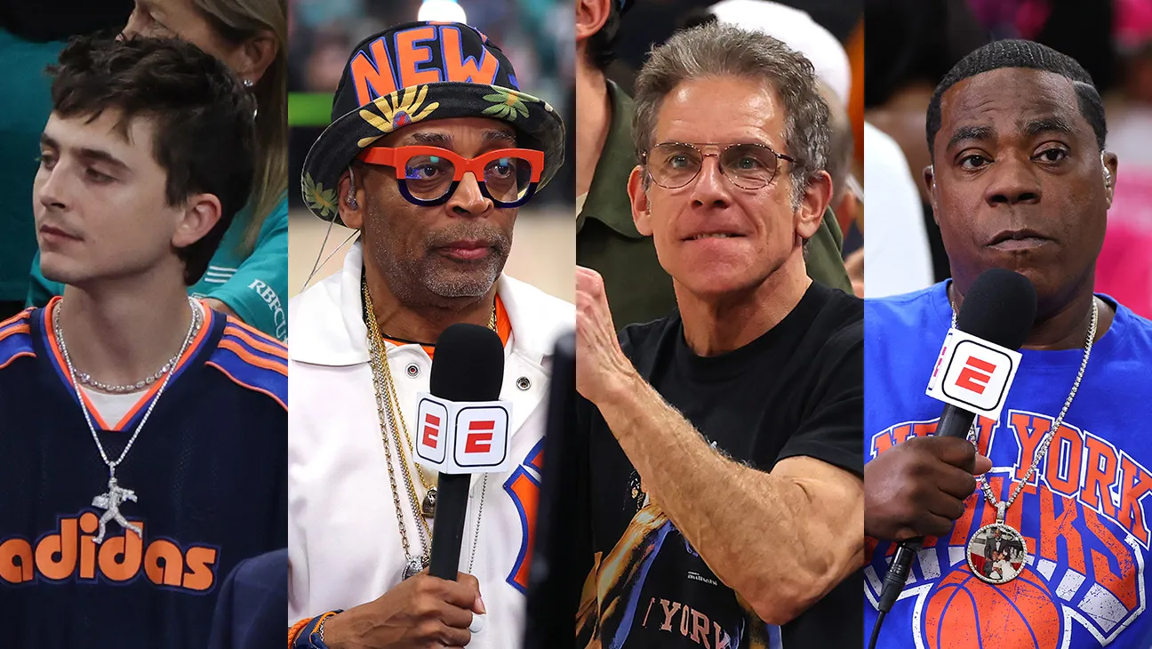 Timothee Chalamet, Spike Lee, Ben Stiller, and Tracy Morgan at Knicks Game 1