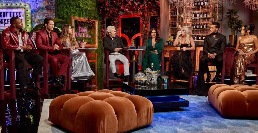 Bradley Carter, Joe Bradley, Maddie Reese, Andy Cohen, Leva Bonaparte, Emmy Sharrett, Michols Peña, Lake Rucker at the 'Southern Hospitality' season four reunion.