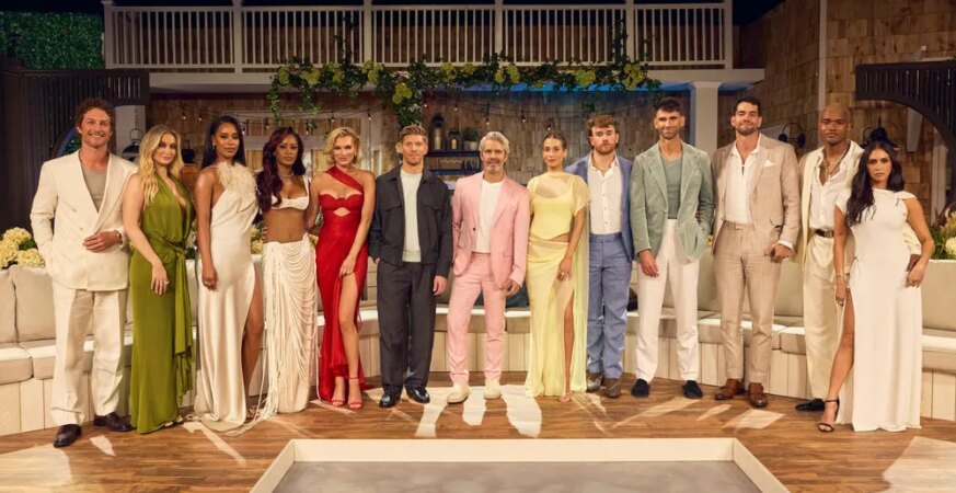 Left to right: Ben Waddell, Bailey Taylor, Mia Calabrese, Ciara Miller, Lindsay Hubbard, Kyle Cooke, host Andy Cohen, Amanda Batula, Carl Radke, Jesse Solomon, KJ Dillard, Dara Levitan.