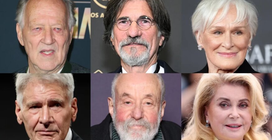 Clockwise from top left: Werner Herzog, Jack Fisk, Glenn Close, Catherine Deneuve, Mike Leigh and Harrison Ford.