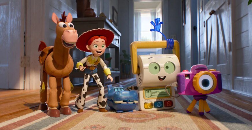 (L-R): Bullseye, Jessie, Atlas, Smarty Pants, and Snappy in Disney and Pixar's Toy Story 5